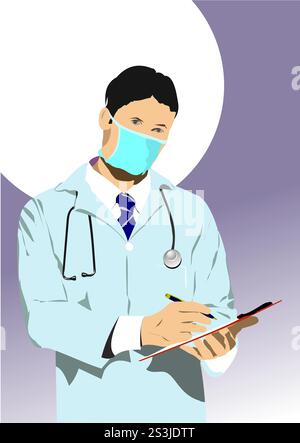 Medical doctor with doctor`s smock and  mask. Vector 3d illustration. Hand drawn illustration Stock Vector